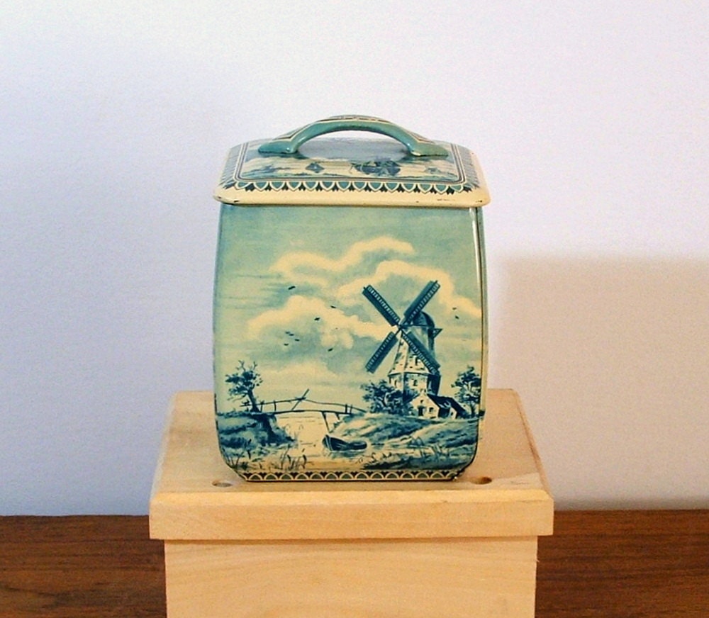 Vintage Metal Tin, Blue Delft Style, Made In Western Germany