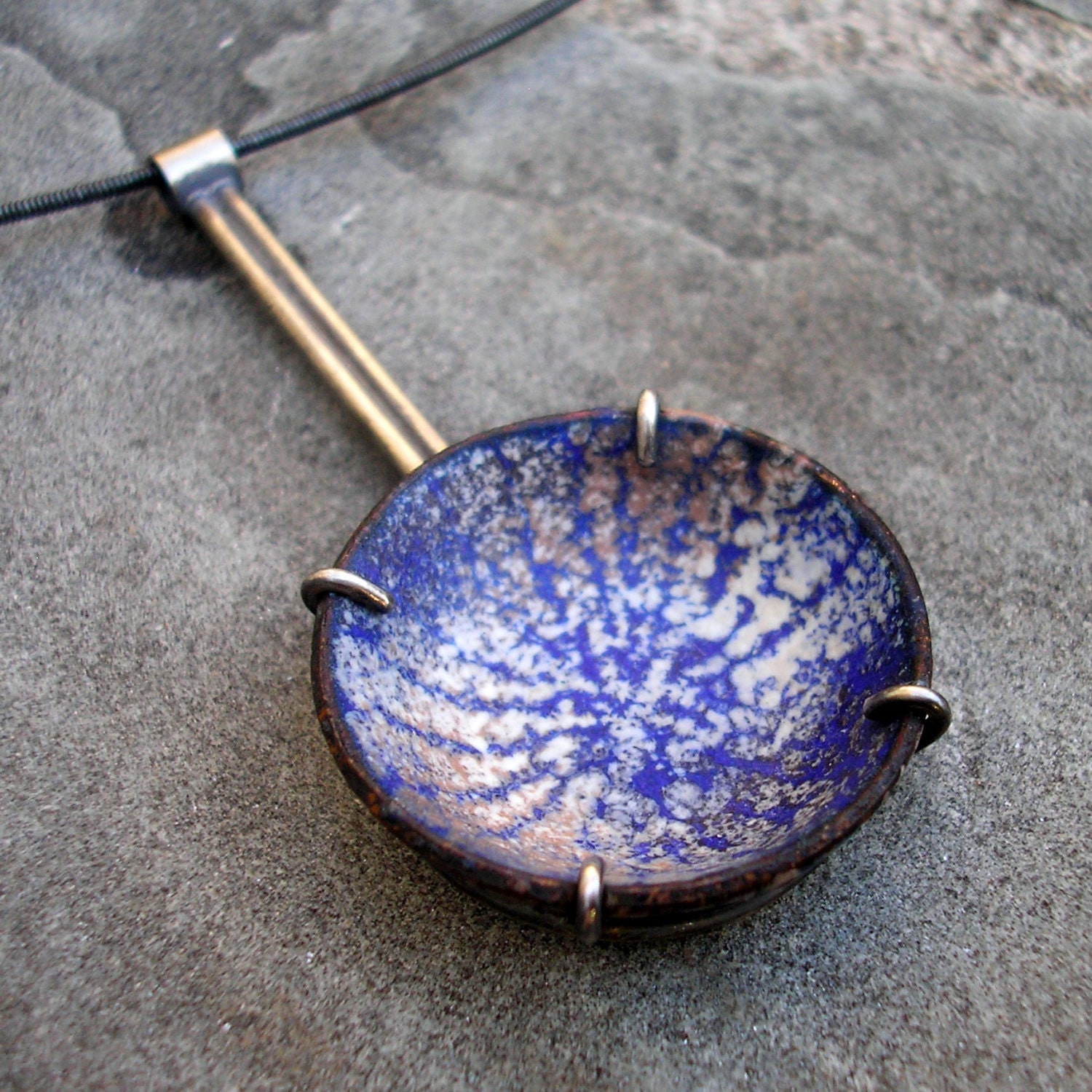 Enamel and Sterling Silver Pendant - Sgraffito Cobalt Bright Blue, Taupe, Grey, and White Enamel Necklace