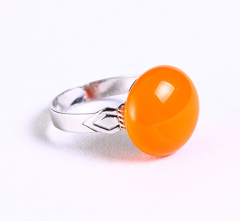 Petite cocktail ring orange glass adjustable silver ring OOAK (678) - Flat rate shipping