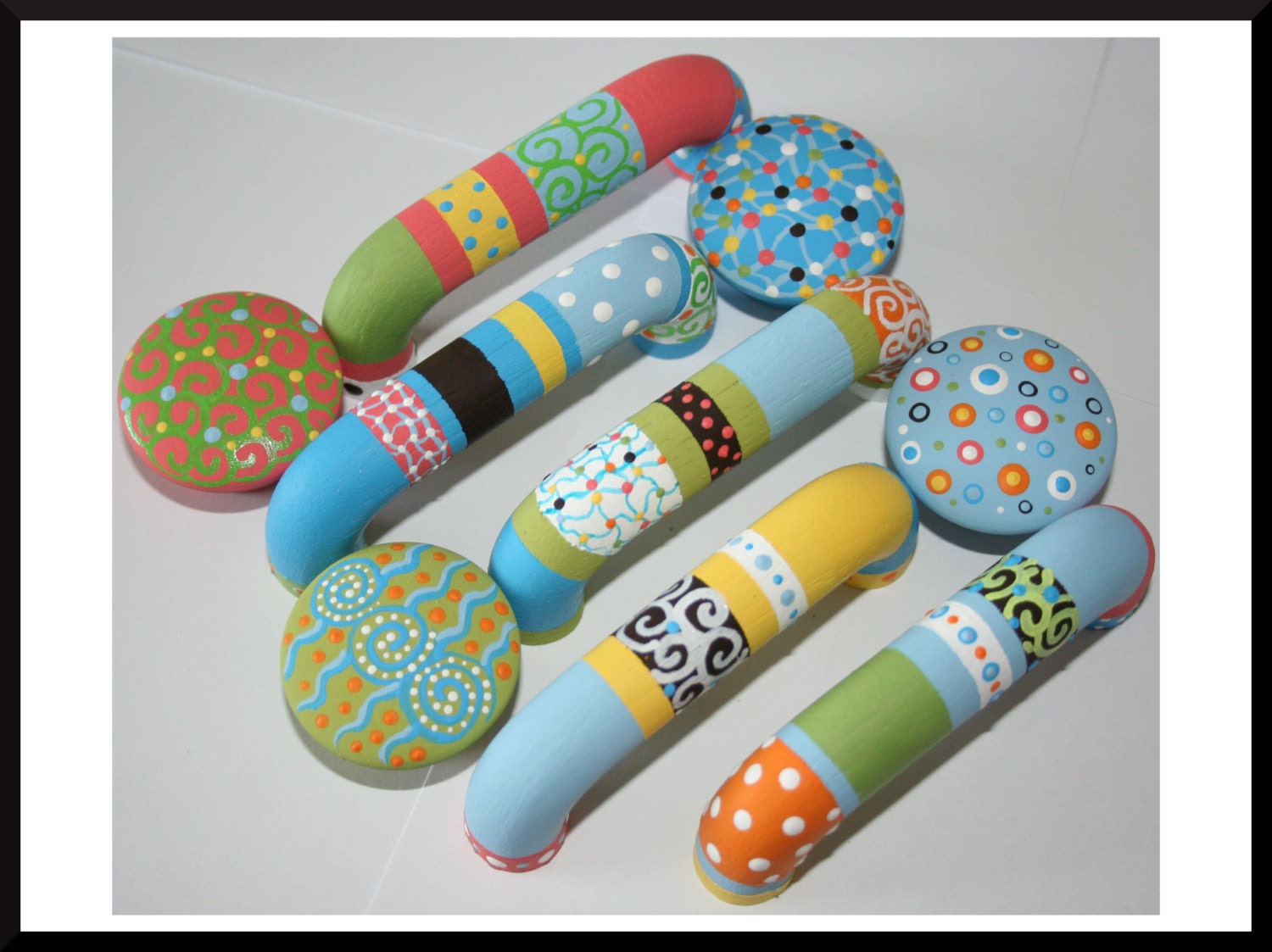 3" Pull Whimsical Green, Blue, Brown, White, Orange and Yellow- Matching Knobs Available
