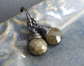 SALE Cats Eye Earrings, Faceted Gemstone Rustic Green Oxidized Sterling Silver Dangle Earrings.