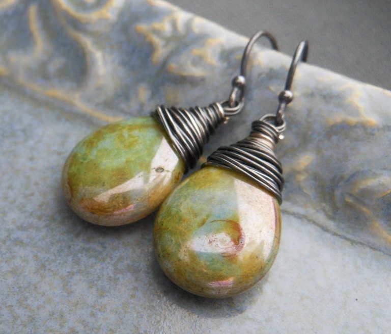 SALE Czech Glass Earrings,  Wire Wrapped Antique Green Luster Czech Glass Briolettes with Oxidized Sterling Silver.  Pebble.
