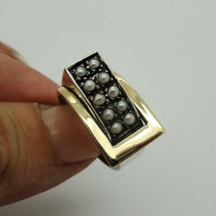 New Fine 9k Yellow Gold Sterling Silver Pearl Ring size 8 (sn)