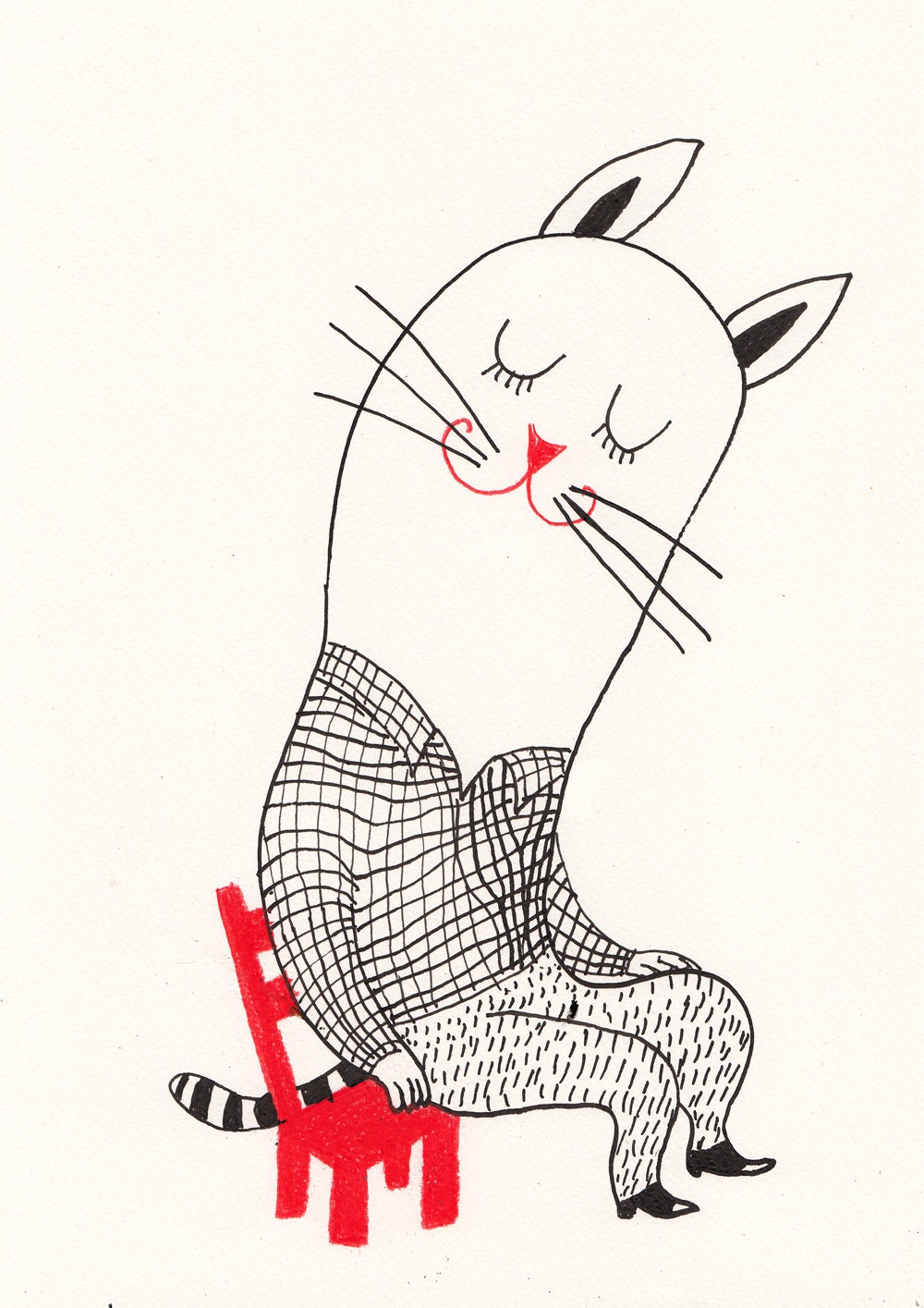 think about it  /Original black and white ink drawing / ink drawing of cat love / Heart shape