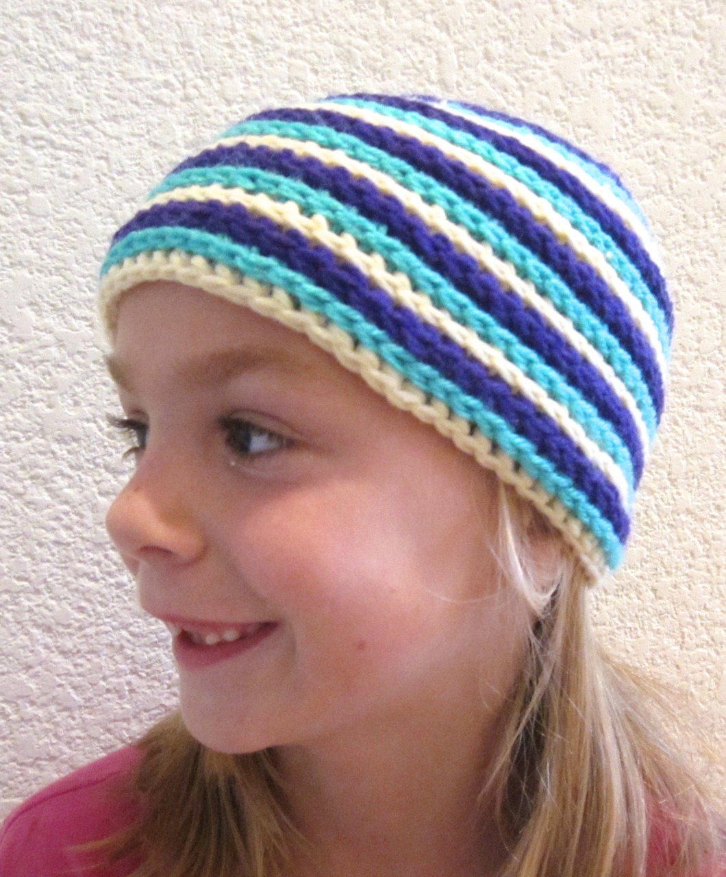 Girls Hat Purple Teal White Crochet Stripes