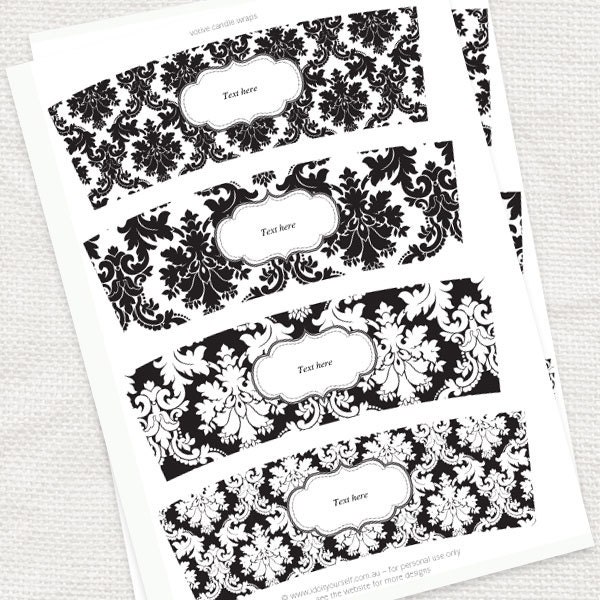 damask candle wraps - printable editable file - black and white votive wrap