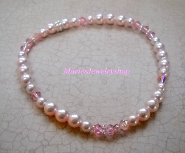 Baby Pink Swarovski Pearl and Crystal Stretch Bracelet, Perfect Bridal Party Gifts, Prom, Sweet 16,Handmade Jewelry, Free USA Shipping