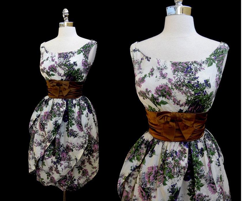Vintage 1950s 50s Sculptural Floral Taffeta and Satin Tulip Skirt Cocktail Party Dress S