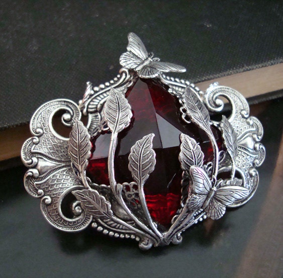 Royal Summer Blooms, Butterflies and Lace Necklace Supply, Large Red German Wrapped Glass Jewel, Silver Ox USA Metals, Original Hand Made