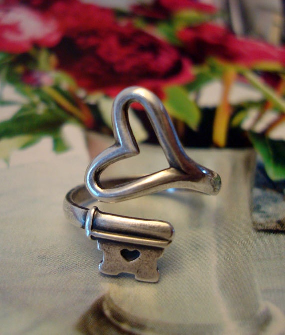 Steampunk Key Heart Ring, Vintage Style Skeleton Key, Sterling Silver Finish, You Choose Light Oxidation Or Shine