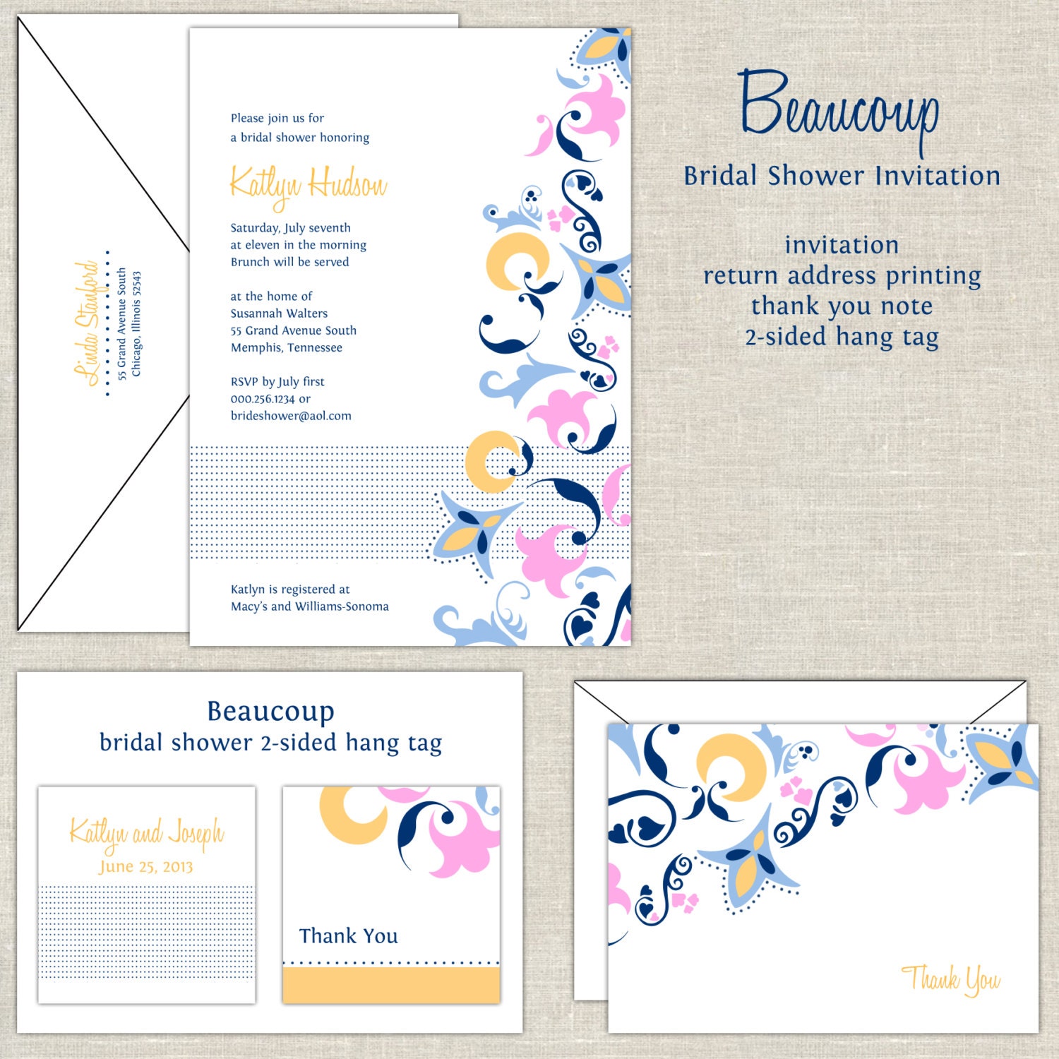 Bridal Shower Invitation Beaucoup with modern flowers in bright yellow and navy blue Il_570xn