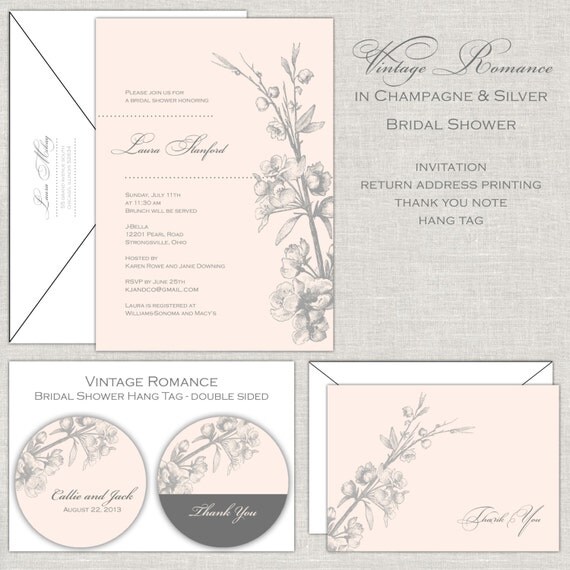 Bridal Shower Invitation - Vintage Botanical in Champagne and Silver Gray Il_570xn