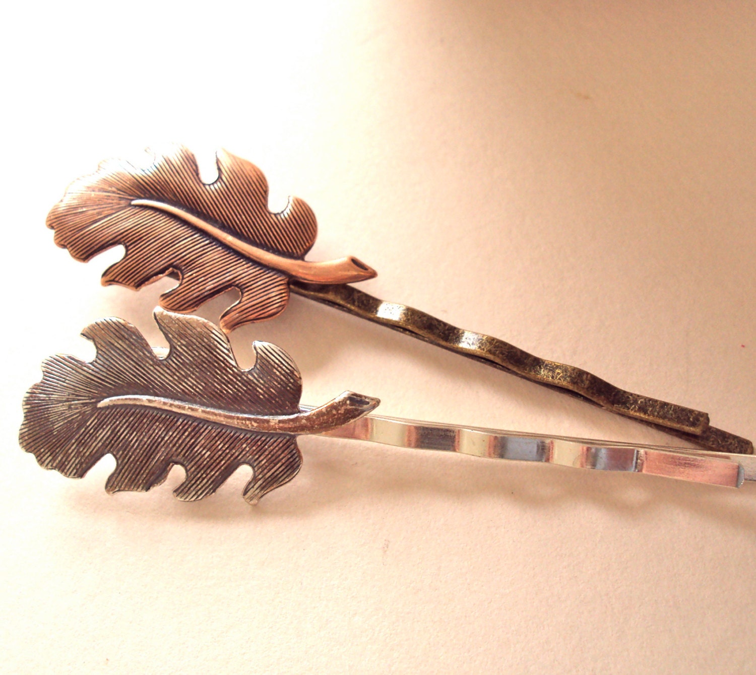 Silver & Brass Feather hair slides - whimsical bobby pins