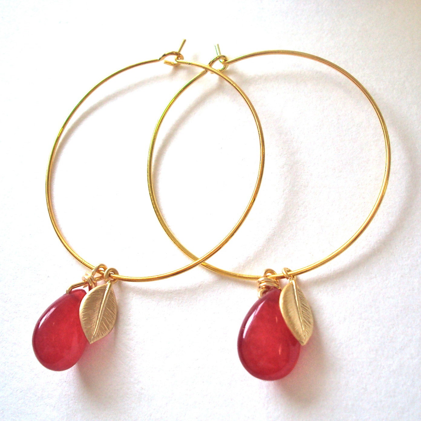 Ruby Red Gold Hoop earrings with gold leaves