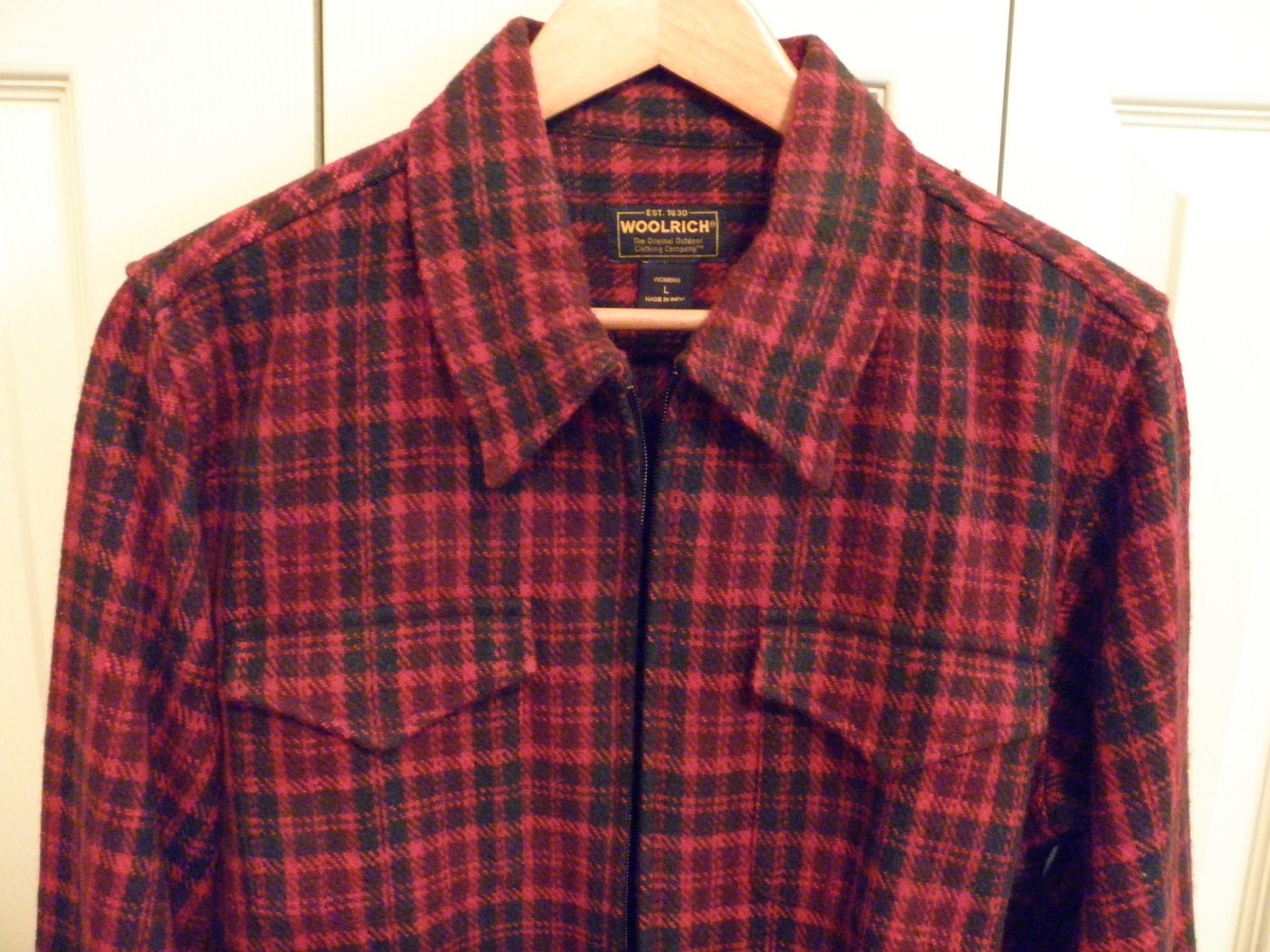 Woolrich Wool Jacket Coat Red and Black Plaid - Large Oversized - FREE Shipping - Unisex Rustic Outdoor Apparel