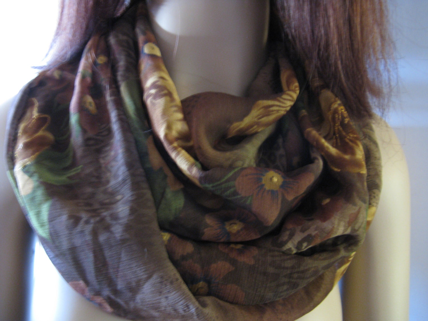 Infinity Scarf Brown Floral Silky Print Womens Fashion Trend