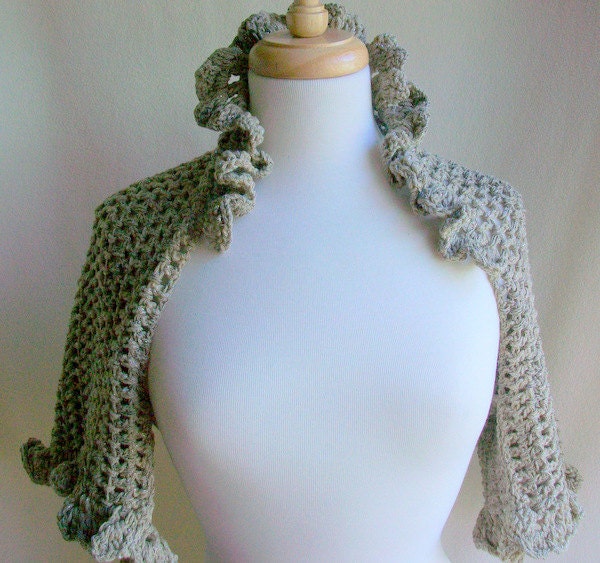 Ecru Shrug Silver Threads Stand Up Ruffle Collar Ruffled Cuffs Beige Tan Mushroom
