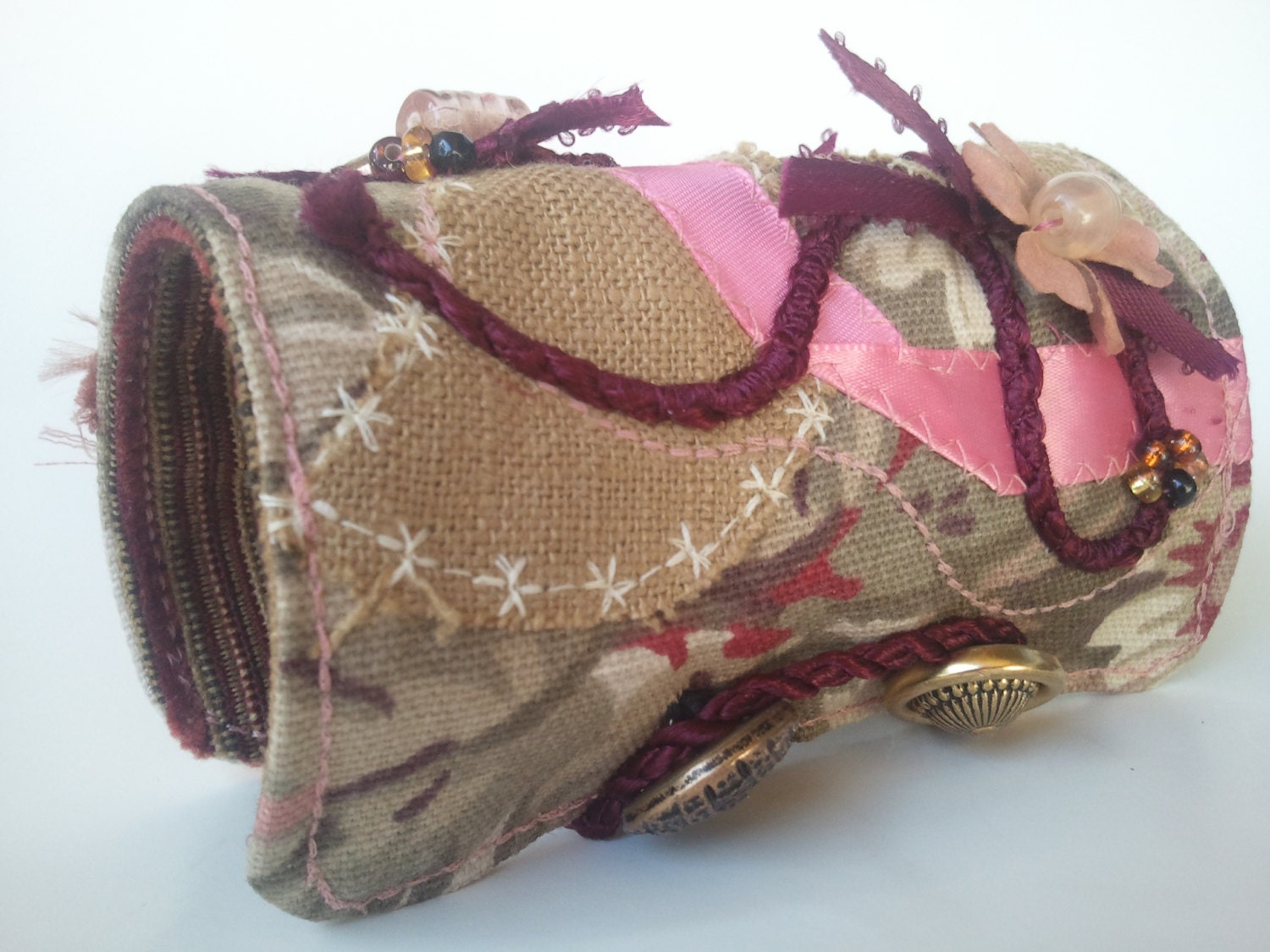 Wide Decorated Fiber Art Cuff  with vintage gold buttons