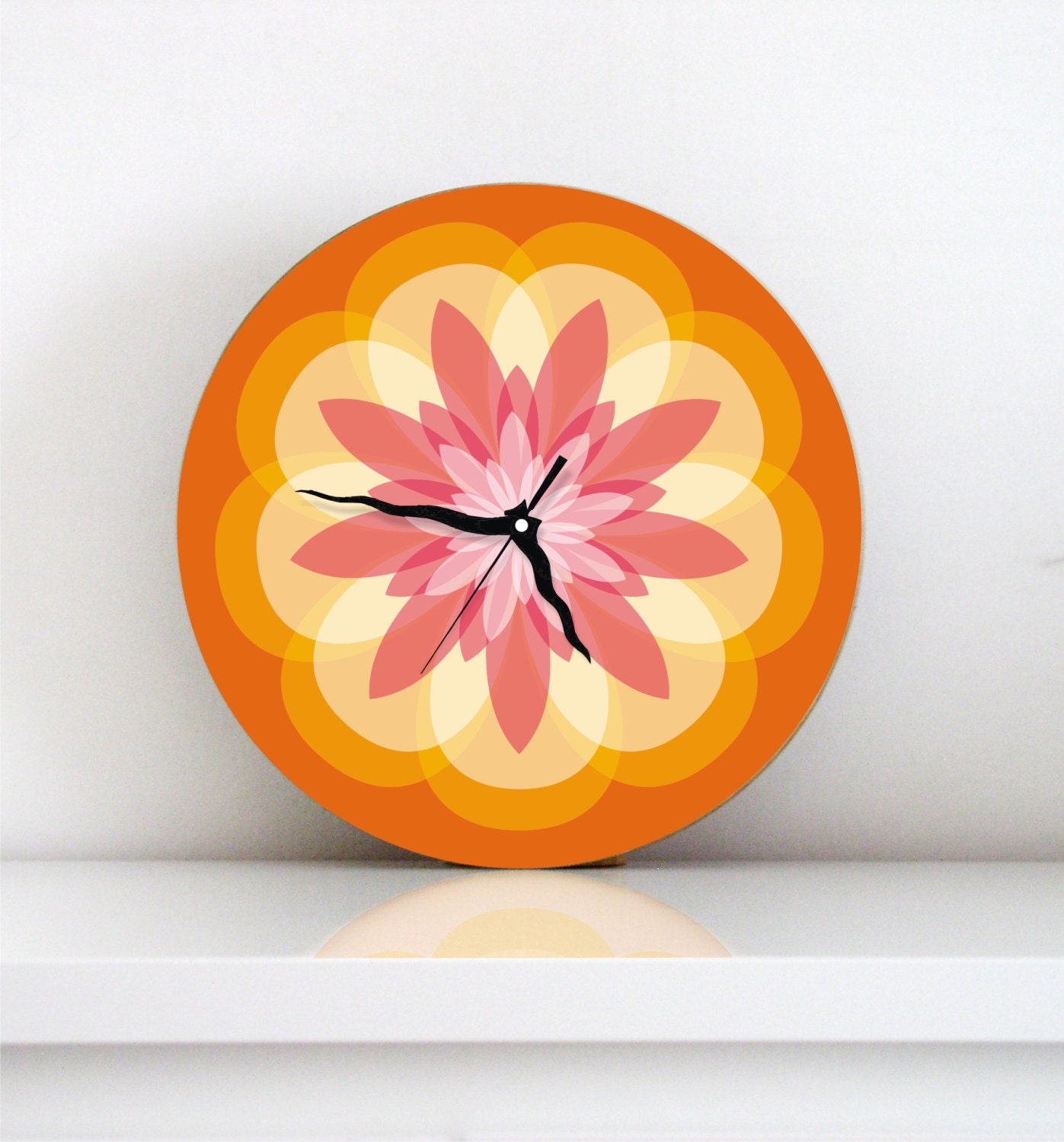 Wall clock bright round soft pastel mandala kitchen clock red orange modern minimalist wall art wall hanging wall decor gift idea