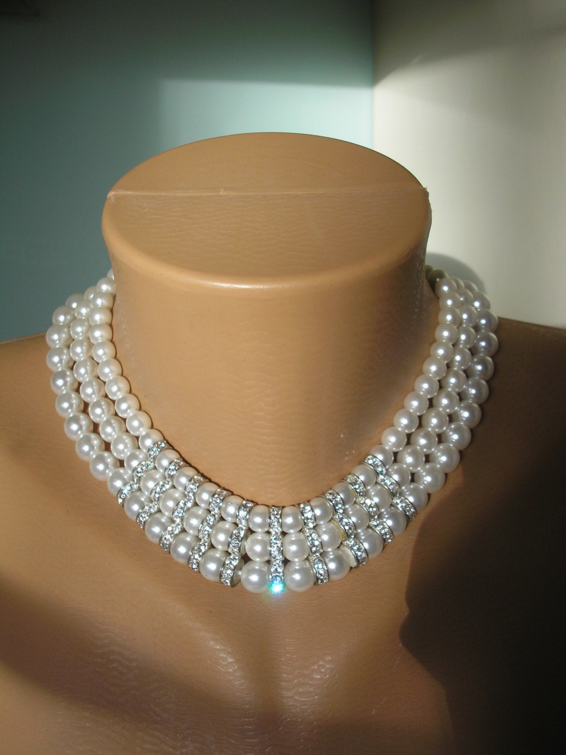 Pearl Bridal Necklace, Collar, Rhinestone, White Pearls, Wedding Jewelry, Vintage Choker, Bridal Neckace, Wedding Choker, Hollywood Glamour