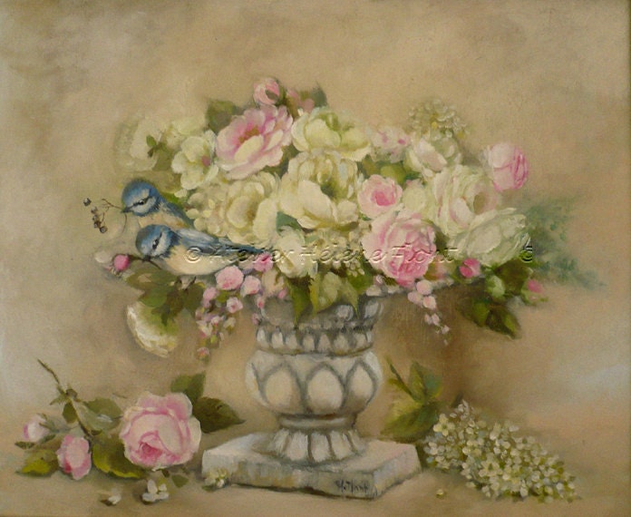 Spring Bouquet : Antique vase with pale roses, white lilac and blue Tit   - Original- oil  painting  Helen Flont