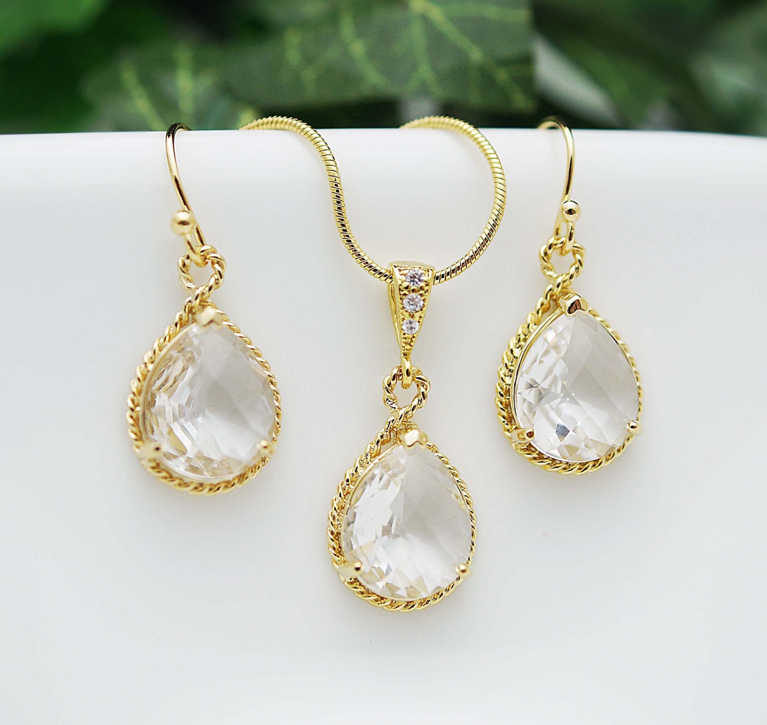 Wedding Jewelry Bridesmaid Jewelry Bridesmaid Earrings Bridesmaid Necklace Clear Glass Gold Trimmed Pear Cut Bridesmaid gift