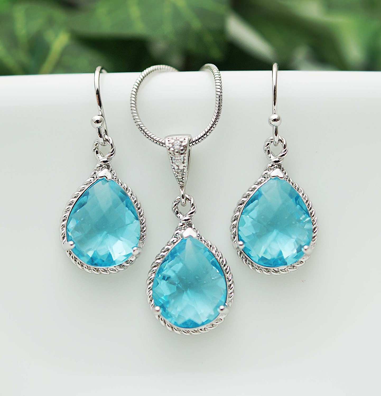 Wedding Jewelry Bridesmaid Jewelry Bridesmaid Earrings Bridesmaid Necklace Aquamarine Glass Rhodium Trimmed Pear Cut Bridesmaid gift