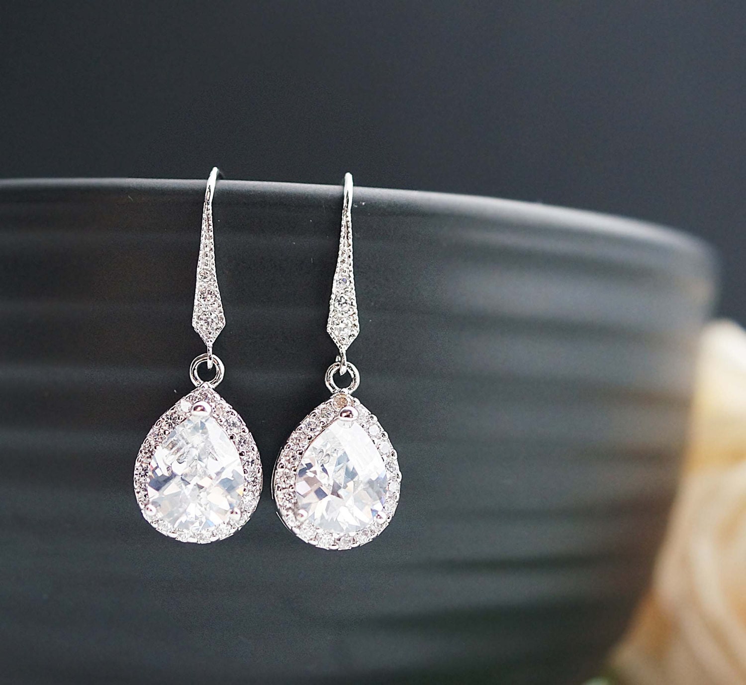 Wedding Jewelry Bridal Jewelry Bridal Earrings Bridesmaid Earrings Lux Cubic Zirconia Tear drop Dangle Earrings Bridesmaid gift