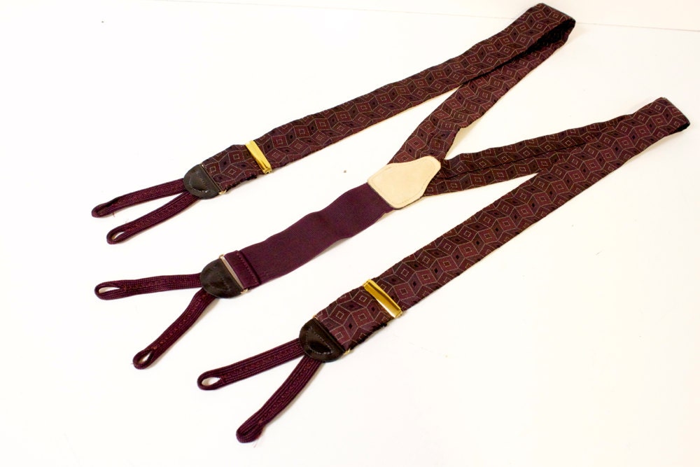 Vintage Mens Burgundy suspenders - button on
