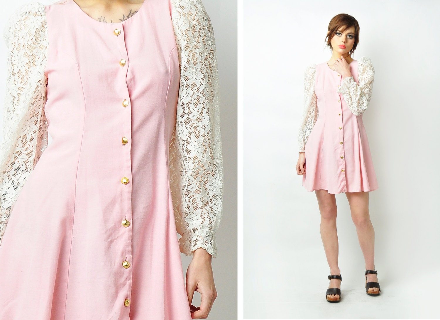 60's style 80's Vintage Mini Dress with Lace Sleeves
