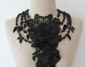 Statement BLACK LACE Petals Embellished Multistrand Bib Necklace with Layered Beads and Black Leaves