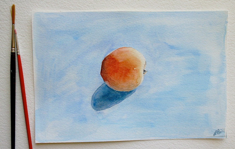 Apricot on Blue Watercolor Painting- Original 6x9 Art- Still Life, Kitchen- Orange, Red, Blue