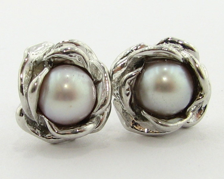 English Rose Earrings, Silver and Pearl