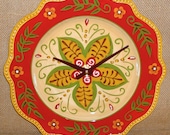 Wall Clock - Deep Red, Gold and Green Floral Leafy Ceramic Plate Kitchen, Bedroom, Living Room Clock No. 1000 (11 inches)