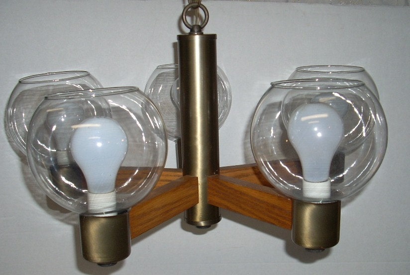 Eames Mid Century Modern Pendant Light Ceiling Fixture Wood and Glass Globes