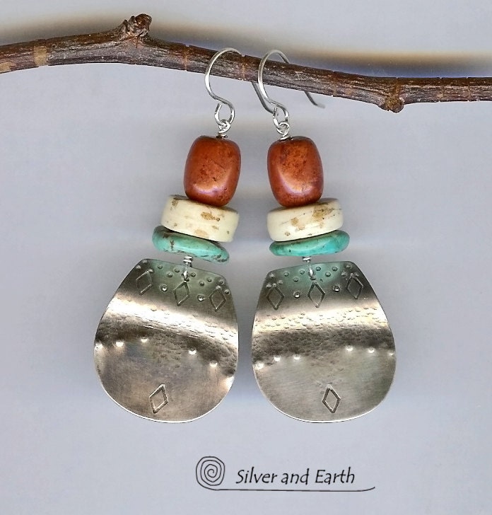 Sterling Silver Earrings w- Turquoise, Red Coral & Bone, Turquoise Jewelry, Artisan Metalsmith Earrings, Colorful Southwest Tribal Jewelry