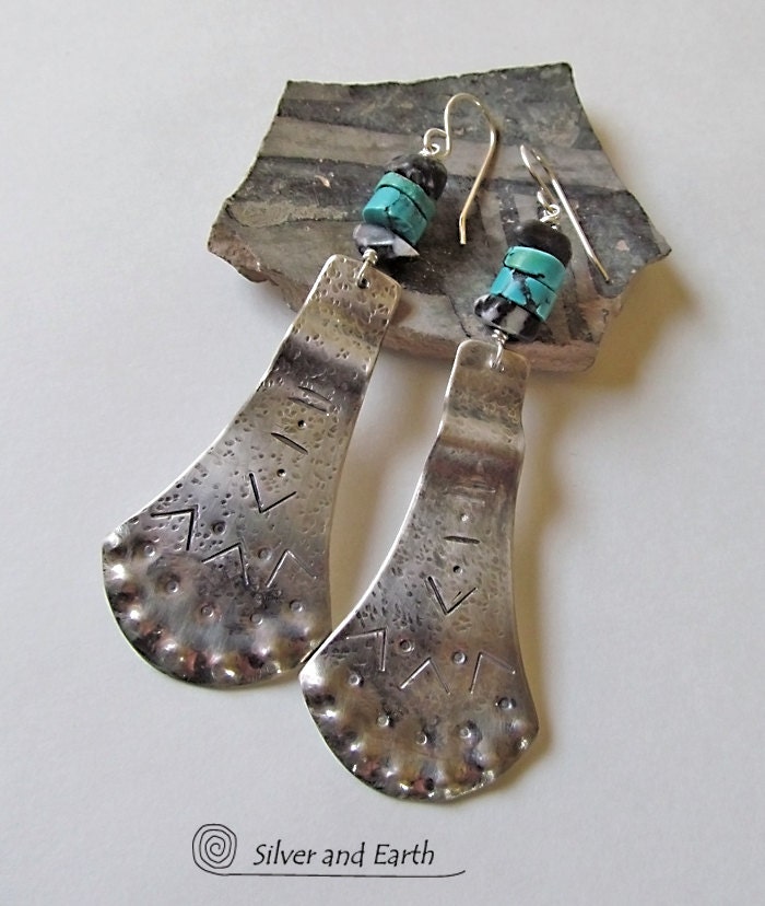 Long Silver Dangle Earrings, Sterling Silver Tribal Earrings - Turquoise & Black Fossil Stone, Southwest Tribal Jewelry, Sterling Metalwork