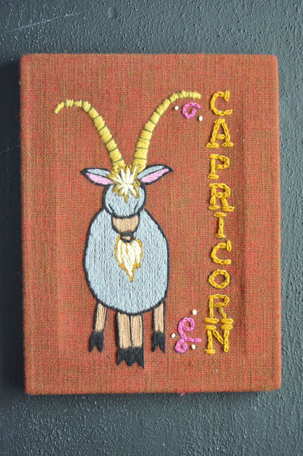 Vintage 70s Crewel Needlework Wall Hanging Capricorn Astrology Ram