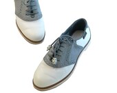 Retro Saddle Shoe Brogue Oxfords Blue and White Leather // Bass Size 7 or 7 1/2 M // w Clay, Rhinestone Beads // Convertible  Rockabilly  Ro