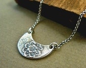 Artisan Brushed Silver Rustic Flower Adorned Crescent Necklace stringofblue