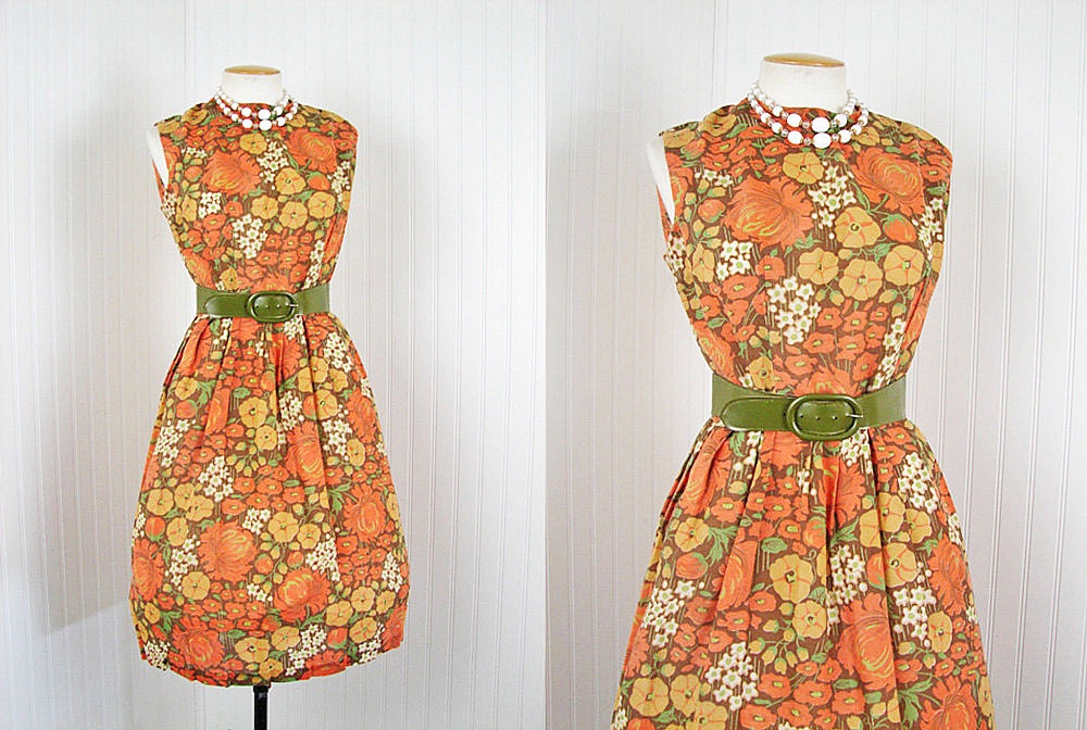 1950s 1960s Dress - Vintage 50s 60s Cotton Blend Olive Cocoa Floral Day Sundress L - Auburnette
