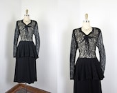 1940s Dress - Vintage 40s Dress - Black Crepe Sheer Lace Peplum Femme Fatale M L - Web of Deception