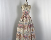1980s Dress - Vintage 80s 50s Designer Dress - Novelty Doves Urns Roses Cotton Full Skirt Sundress - Ralph Lauren
