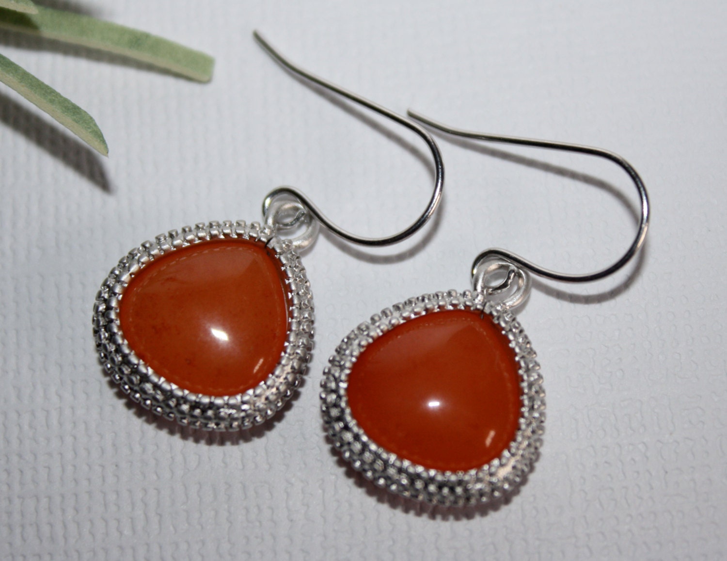 Red Aventurine Earrings Rhodium Plated Dangle .925 Sterling Silver Posts Framed Stone Bead For Her