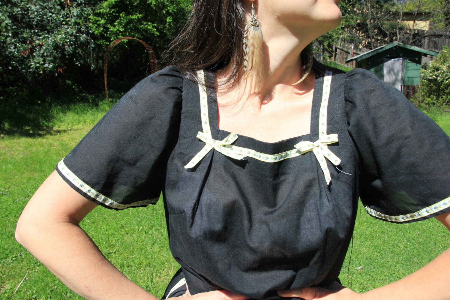 SECRET WISH - Vintage Handmade Country Dress Square Dance Semi Sheer Black Ribbon Trim Large
