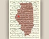 Illinois State Map Art Print, on old sheet music 11x14 Print, customizable hearted city, map silhouette wall art, home decor