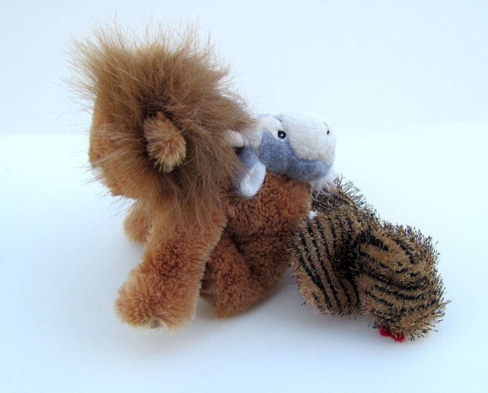Chimera soft sculpture, lion goat and snake altered stuffed mutant animal