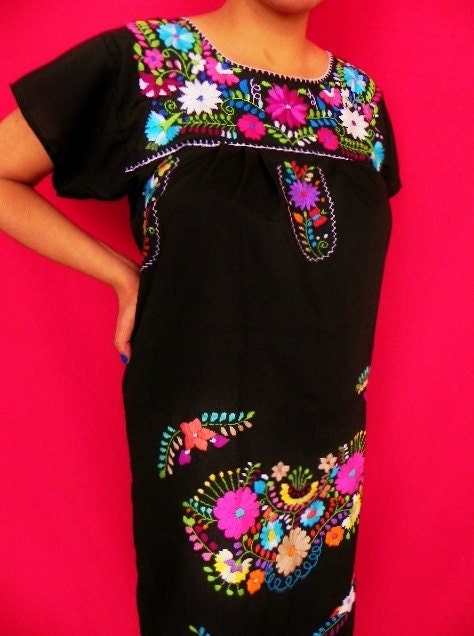 Mexican Long Dress Black Very Elegant Embroidered Handmade Spring / Summer Medium