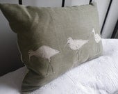 hand printed and stitched muted sea green triple wading bird cushion cover