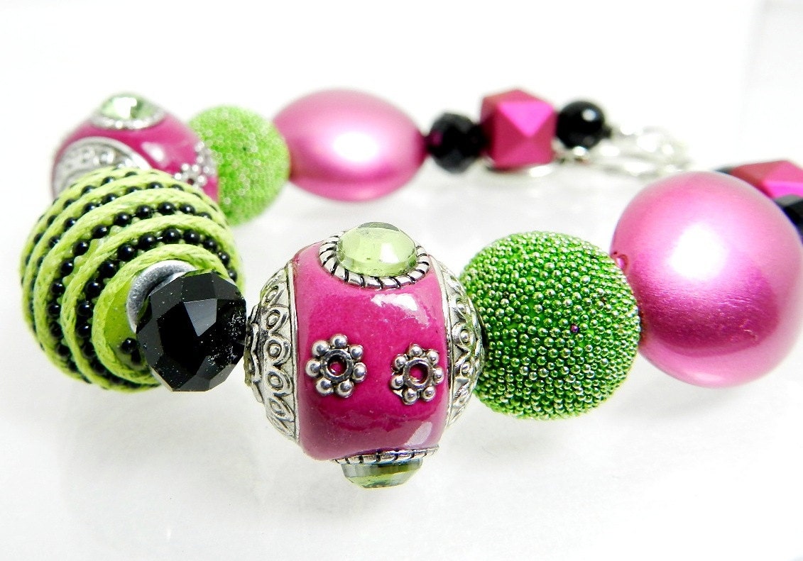 Hot Pink Lime Green Black Chunky Bracelet - Fun Bright Festive Bracelet - BeadzNBling